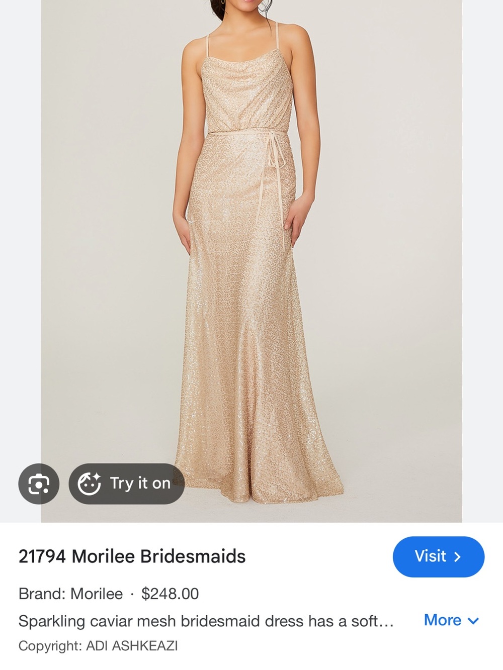 Mori Lee Champagne Sparkle Cowl-Neck Bridesmaid Gown